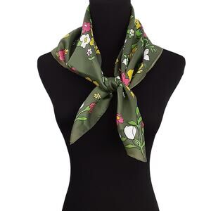 Vintage 1980s Floral Neckerchief Satin Scarf Ray Strauss Green Art Deco Cottage